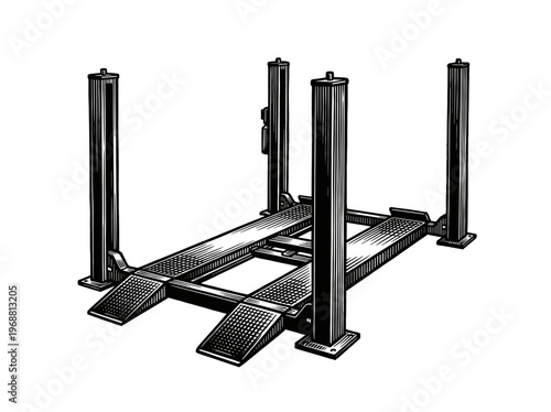 Vintage Four-Post Car Lift Automotive Garage Hoist Engraving Illustration Black and White Line Art