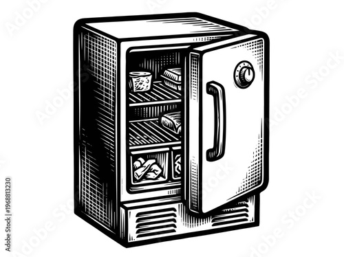 Vintage Chest Freezer Appliance Engraving Illustration Black and White Line Art