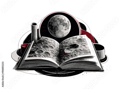 black and white vintage book with pages transforming into a moon surface, crater textures blending with paper,