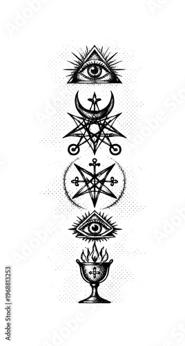 Victorian Occult Sigils. Series of hand-drawn occult symbols forming a vertical column, sigils uneven and