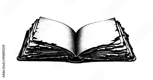 Old book opened slightly, torn pages forming an irregular silhouette along the fore edge, black and white