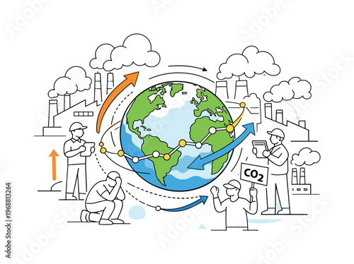 Global emissions. Earth surrounded by factory silhouettes and rising emission clouds, arrows and data lines