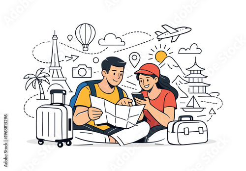 Traveling as a couple. Two people studying a map or phone together, suitcases nearby, excited planning and