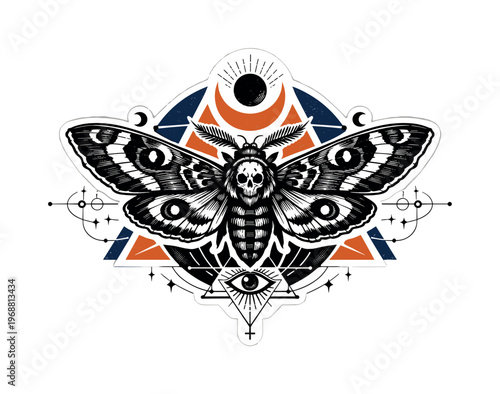 Mystical Moth Sigil. Occult moth sigil portrayed as a mystical symbolic emblem, black and white vintage