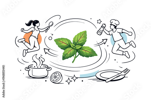 Fresh herb garnish accent. Minimal composition with a single green sprig floating lightly, calm purity and