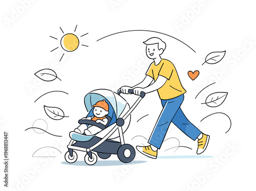Sunny family outing. A cheerful parent pushing a baby stroller under soft sun rays, relaxed posture and gentle