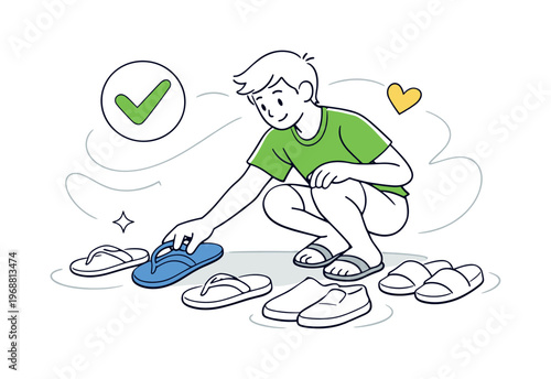 Everyday comfort style. Person choosing flip-flops from simple footwear options, checkmark icon and soft