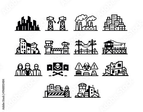 Dystopian future cities. Line outline icon set of Dystopian future cities: dark city skyline, surveillance
