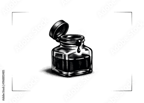 An antique glass ink bottle with a partially open lid and a drop of ink forming at the rim, rendered in black