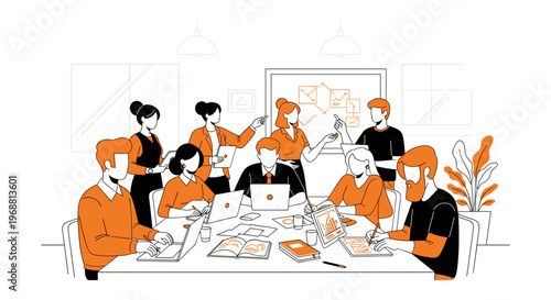 Diverse team collaborating in modern office with orange and black illustration in flat design for business