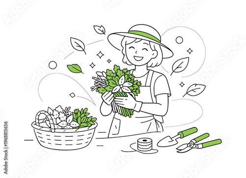 Fresh herbs harvest. A smiling character holding a bundle of herbs, leaves and light particles floating around
