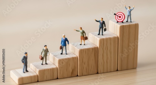 Business growth concept with miniature people on wooden blocks, career ladder success, target goal achievement