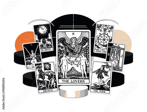 Conceptual black velvet tarot layout composition with a central tarot card and supporting cards radiating