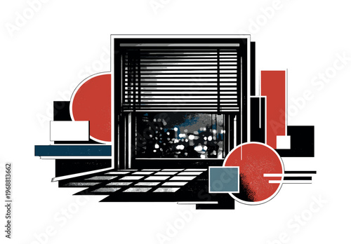 Classic noir office window portrayed as a tense urban interior scene, black and white retro photographic