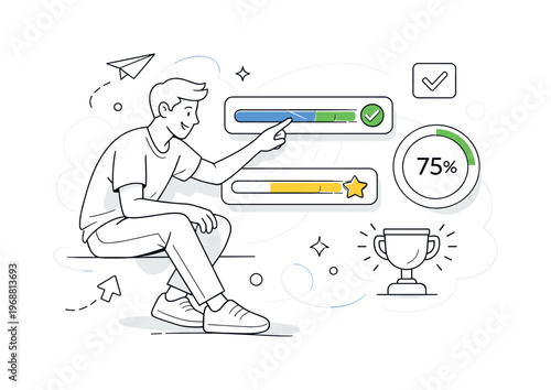 Interactive user experience. Person navigating interface with progress bars and highlights responding in real
