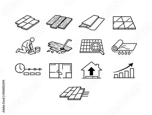 Home renovation flooring. Line outline icon set of Home renovation flooring: laminate flooring, hardwood