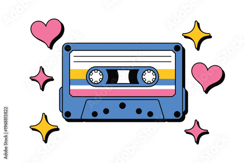 Colorful Cassette Tape Illustration with Heart and Sparkles