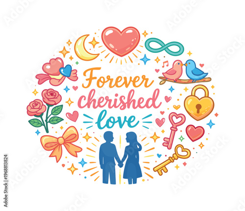 Forever cherished love. Hand drawn illustration of Forever cherished love. glowing heart, infinity symbol,