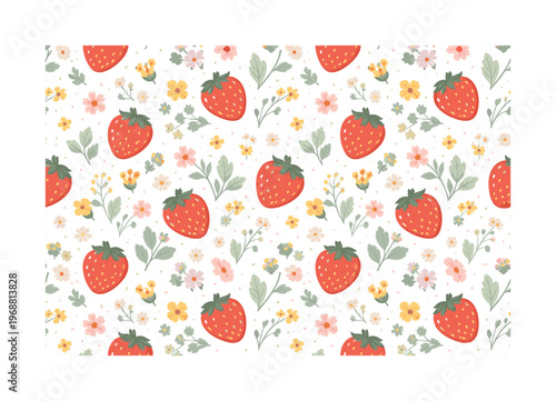 strawberries and garden blossoms, seamless pattern, repeating pattern, surface design, textile print, soft
