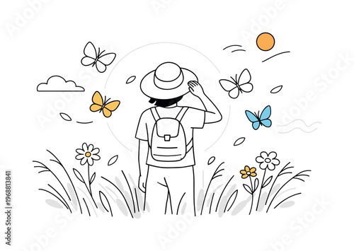 Watching butterflies in a meadow. A person standing in tall grass observing butterflies flying around, wings