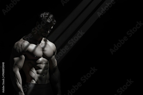 Intense Muscular Supermodel Standing in Shadowed Spotlight