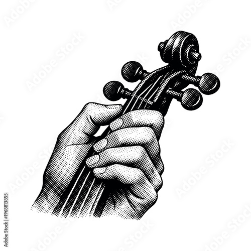 A human hand gently holding the neck of a violin, focusing on fingers and tuning pegs, rendered in high