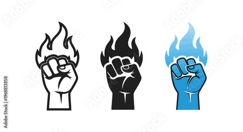 Three fists with flames symbolizing different forms of protest and power expressions Vector