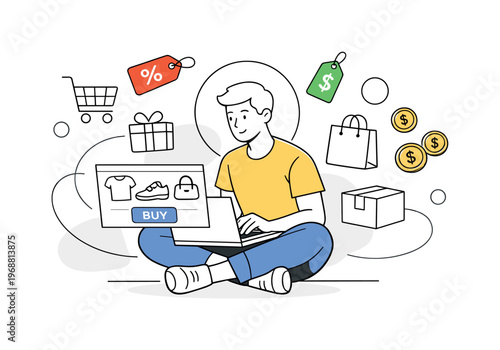 E-commerce and online shopping. Person browsing products on laptop, shopping cart and price tags floating