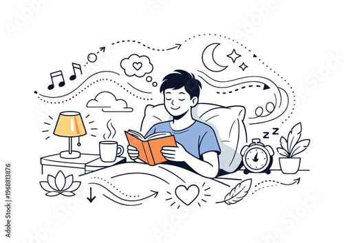 Sleep therapy and recovery. Person practicing bedtime routine with dim light, book, and calming symbols,