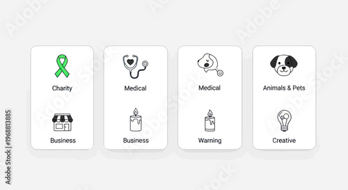 Icons for Charity, Medical, Business, Pets, and Creative Concepts