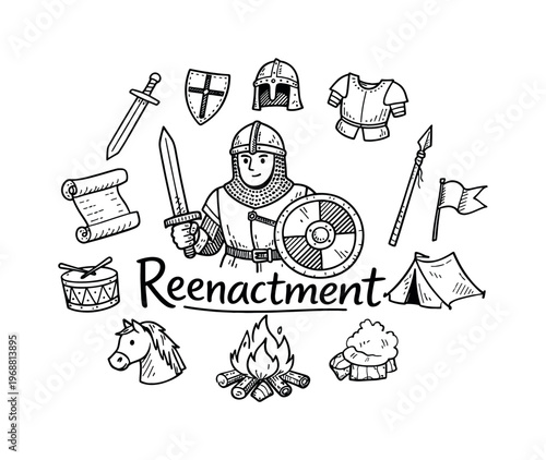 Historical reenactment. Hand-drawn doodle illustration of historical reenactment. In the middle, one slightly