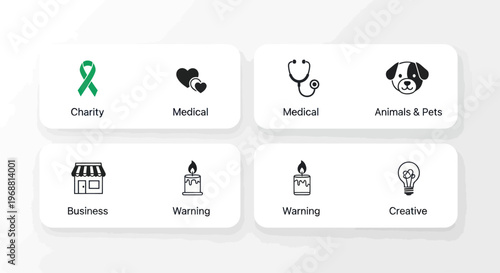 Icons representing charity, medical, business, warning and creative concepts