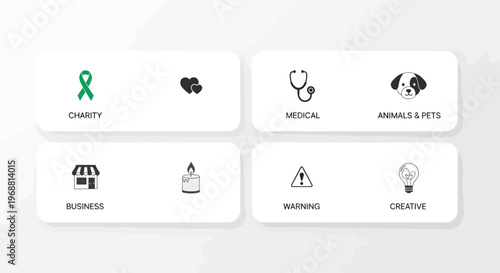 Icons representing charity, medical, pets, illness, warning, and creativity