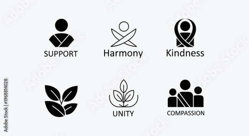 Icons representing support, harmony, kindness, unity, and teamwork