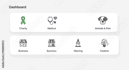 Modern Dashboard UI with Icons for Charity, Medical, Pets, Business, Warning, Creative