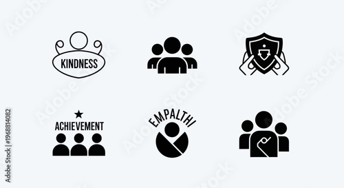 Kindness, Empathy, Achievement, Teamwork, Protection Icons