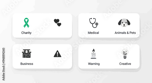 Modern Icons: Charity, Medical, Pets, Business, Warning, Creative Concepts
