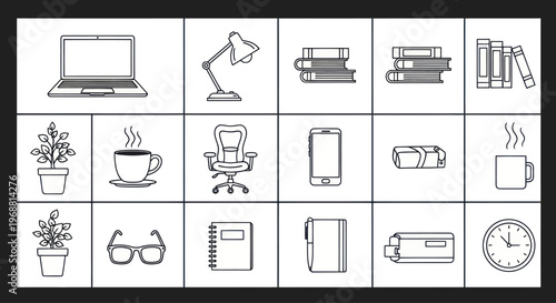 Office Supplies and Furniture Icons Set