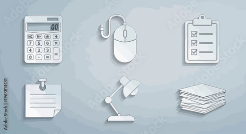 Office Supplies Flat Lay: Calculator, Mouse, Clipboard, Lamp, Paper Stack