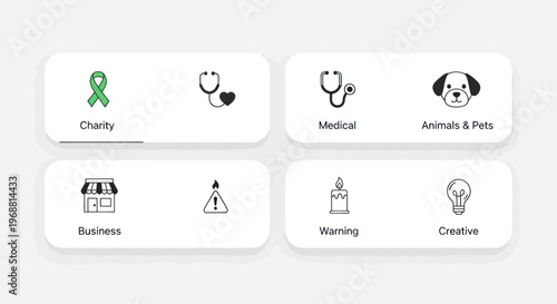 Modern UI Icons: Charity, Medical, Business, Pets, Warning, Creative Ideas