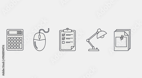Office Supplies Icons: Calculator, Mouse, Clipboard, Lamp, Paperwork