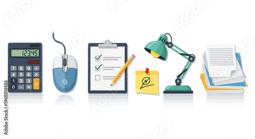 Office Supplies Icons: Calculator, Mouse, Clipboard, Lamp, Paperwork
