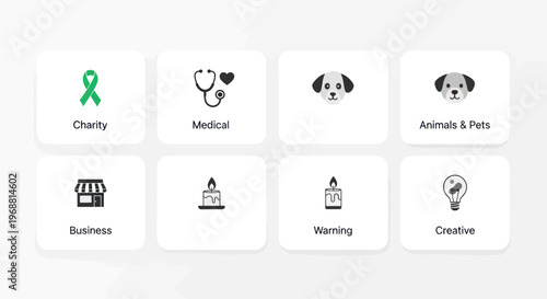 Set of 8 Icons: Charity, Medical, Animals, Business, Warming, Creative Concepts