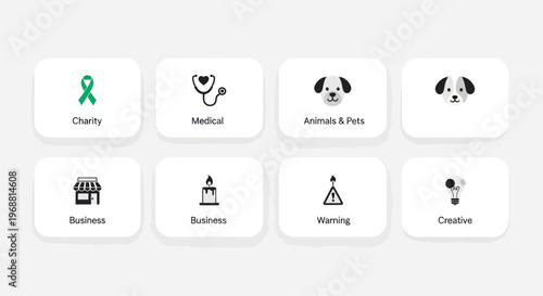 Set of 8 Icons: Charity, Medical, Animals, Business, Candle, Warning, Creative