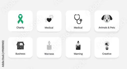 Set of 8 Flat Icons for Web and App Design: Charity, Medical, Business, Pets, Warning, Creative