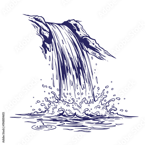 Dark blue ink of a waterfall cascading over jagged rocks into a splashing pool of water with ripples and droplets isolated on a white background