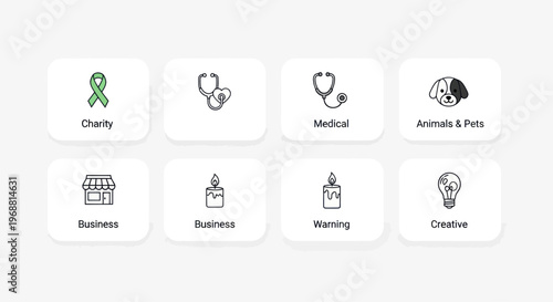 Set of 8 Icons: Charity, Medical, Animals, Business, Warning, Creative Concepts