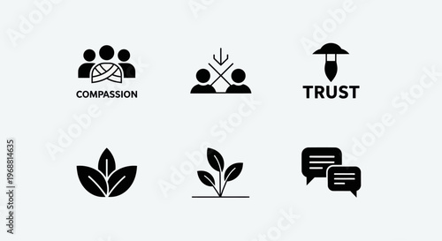 Set of 6 Icons: Compassion, Trust, Growth, Communication, Teamwork, Support