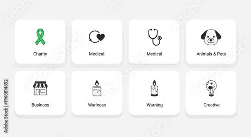 Set of 8 Icons: Charity, Medical, Business, Animals, Creative, and more