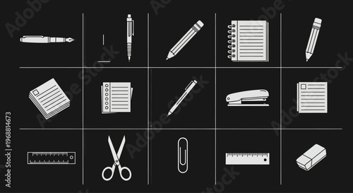 Office Supplies Icons Set: Writing Tools, Stationery, and Tools on Black Background